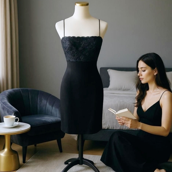 Donna Morgan Lace Cocktail Dress – Black Midi w/ Faux Button Back – Size 10 NWT - Picture 1 of 14